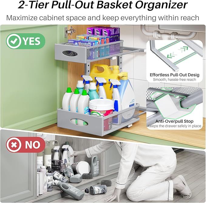 Under Sink Organizer, 1-Pack Pull Out Cabinet Organizer 2 Tier Metal Slide Out Storage Shelf Rack, L-Shaped Adjustable Height,Mesh Sliding Drawer for Kitchen, Bathroom, Laundry, Pantry, Grey, XL