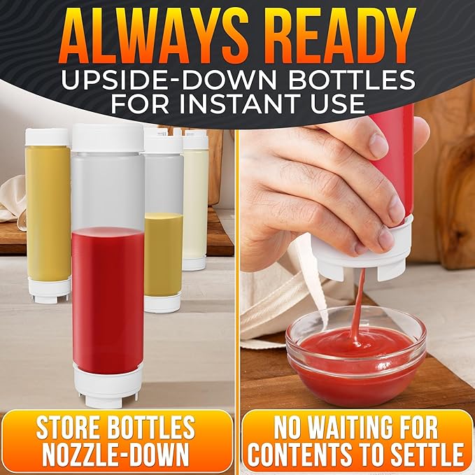 Set of 6 Condiment Squeeze Bottles 16 oz – Easy-to-Fill Clear Sauce Bottle with Self-Closing Valve, Durable & Reusable for Home Cooks, BBQ, Restaurants – Dressings, Ketchup, Mustard, Hot Sauce, Syrup