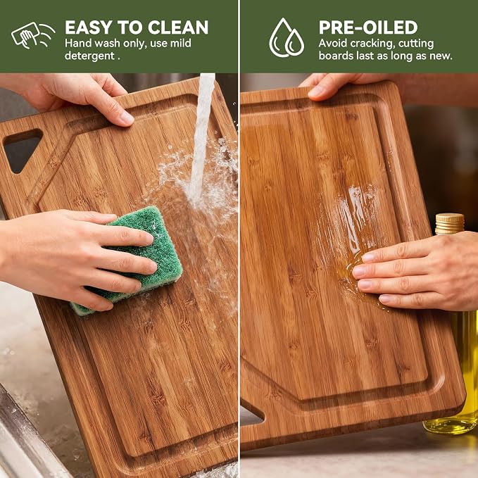 Bamboo Cutting Boards for Kitchen, Wood Cutting Boards with Deep Juice Grooves, 3-Pack Bamboo Cutting Board Set with Holder, Chopping Board & Charcuterie Board for Meal Prep & Serving