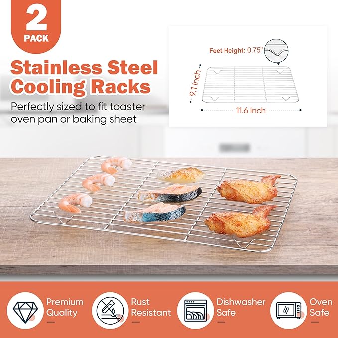 Homikit Stainless Steel Cooling Racks Set of 2, 11.6”*9.1” Heavy Duty Wire Baking Rack for Cooking Roasting Grilling Bacon Cake Cookies, Non Toxic & Rust Free