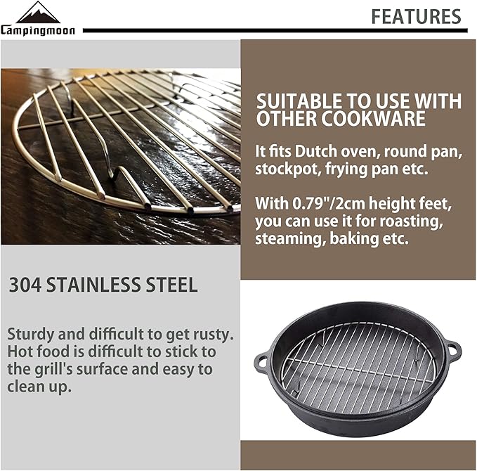 CAMPINGMOON φ8.27inch/φ21cm Round Stainless Steel Roasting Baking Steaming Cooling Rack Cooking Grid Grill Fits for 10-inch Dutch Oven W21