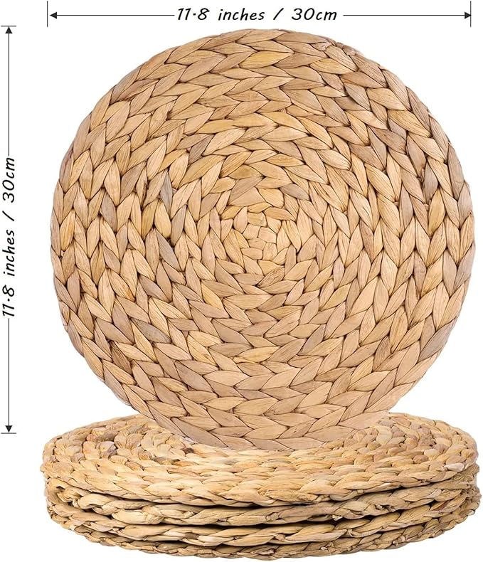 4 Pack Round Woven Placemats, 11.8 inches Plate Chargers Natural Wicker Placemats Water Hyacinth Straw Braided Tablemats Rattan Tablemats Rustic Weave Placemats for Dining Table