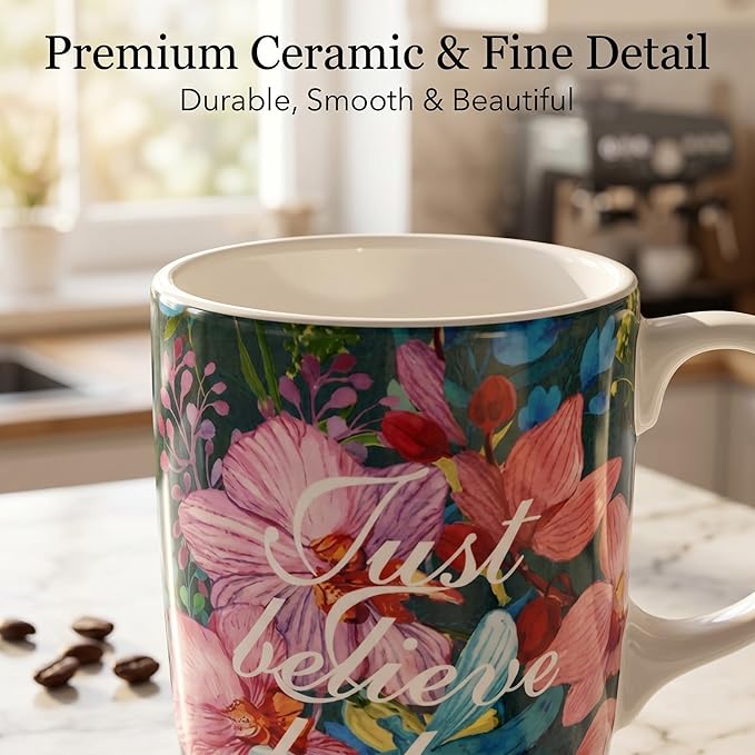 DUSVALLY 17oz Ceramic Coffee Mug with Lid – Splash-Resistant Mug with Handle, Large Coffee Mugs,Just Believe Flowers Tea Cup Set, Cute Coffee Mugs, Microwave Safe Ceramic Mug