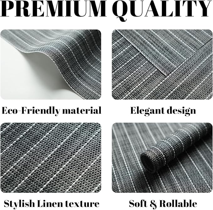 Placemats Set of 4 Vinyl/Plastic Woven Place Mats for Kitchen Table Indoor/Outdoor Washable Placemat Wipeable Dining Table Mats (Black Stripes,4)
