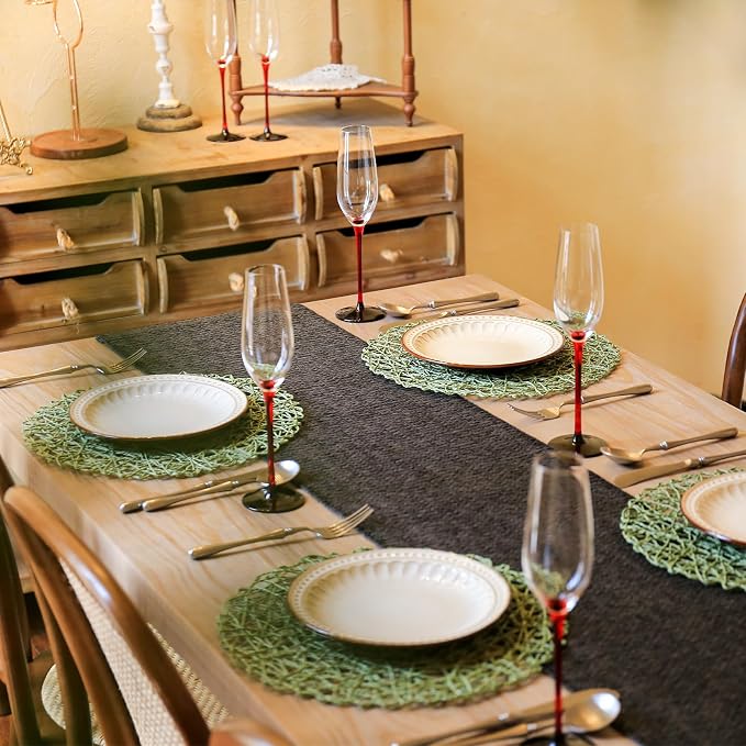 AHHFSMEI Paper Braided Round Placemats Set of 6 Natural Non-Slip Heat Resistant Table Mats for Dining Tables Woven Indoor & Outdoor Place mats(Green)