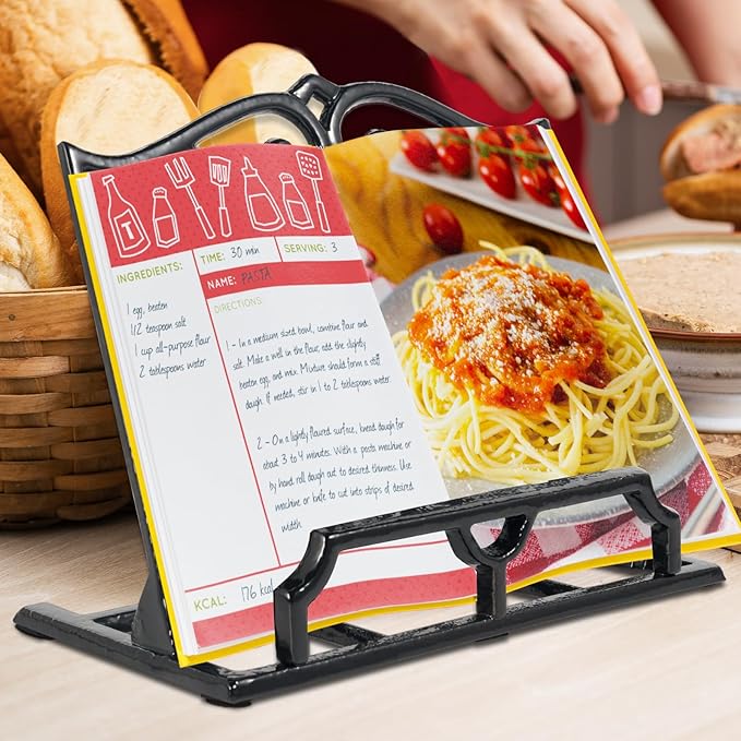 JOGREFUL Cookbook Stand, Cast Iron Heavy-Duty Recipe Book Holder, Kitchen Vintage Recipe Book Holder, Reading Rest Holder for Easel/Counter/Books/Magazine/iPad/Bible, Love Heart Pattern, Black
