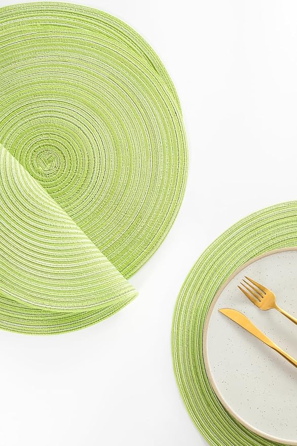 Floroom 15 Inch Round Braided Placemats Set of 6, Washable Heat Resistant Cotton Polyester Circle Place Mats for Kitchen Dining Table - Spring Green