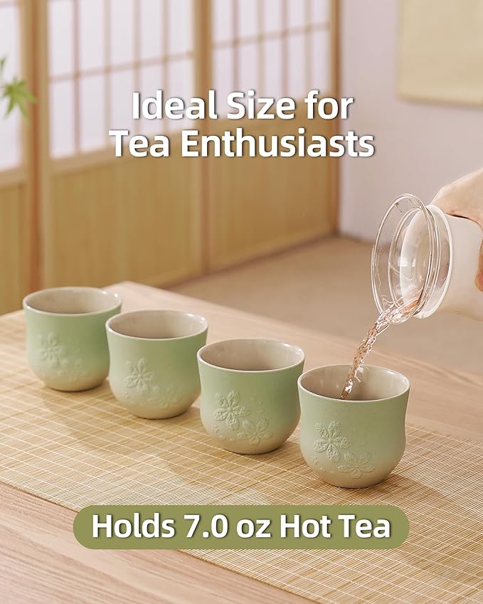 ZENS Japanese Tea Cups Set of 4 – 210ml Ceramic Tea Cups, Gradient Green Glaze, Embossed Design – Handleless Matcha & Gongfu Cups, Traditional Asian Style