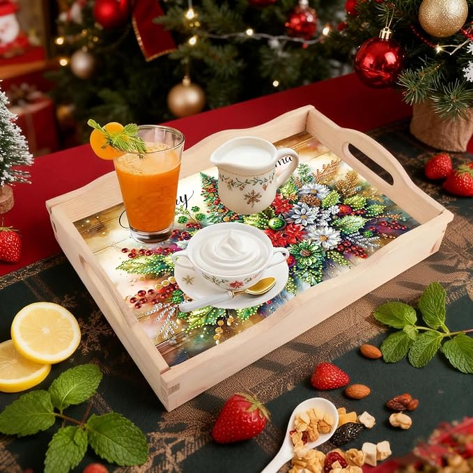 BAYUNOE DIY Diamond Serving Tray Christmas Rectangular Breakfast Tray with Handle Handmade Diamond Art Painting Wooden Tray for Dinner Plate Coffee Room Living Home Organizer-Christmas Flowers