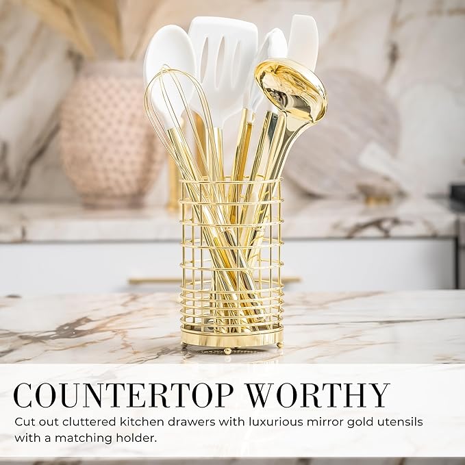 White Silicone and Gold Cooking Utensils Set with Gold Utensil Holder - 7-Piece Silicone Cooking Tools - Ideal for Nonstick Cookware and Stylish Modern Kitchens - Luxury Kitchen Accessories.