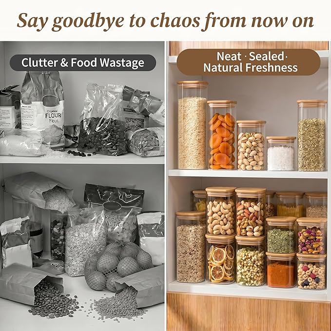 SENTVEND 37 Oz Glass Storage Jars with Bamboo Lids - 6 Pack Clear Glass Canisters Square Airtight Stackable Ideal for Pantry Storage Containers Organizers Great for Storing Oats Coffee Beans Nuts etc