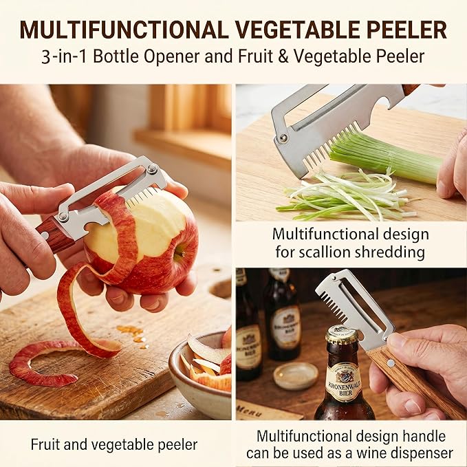 Multifunctional Vegetable Peeler for Kitchen,3 in 1 Stainless Steel Peeler with Wooden Handle and Bottle Opener Fruit Peeler Knife Scallion Shredder,Zero Snag Wooden Kitchen Tool