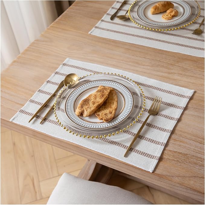 Caflife Boho Farmhouse Placemats Set of 4, Taupe Stripes Cotton Linen Woven Table Mats for Modern Dining Table, 13x19 Inch Rustic Kitchen Decor Place Mats
