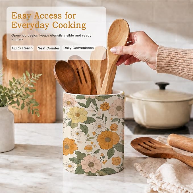 Kitchen Utensil Holder,Retro Boho Groovy Flower Ceramic Utensil Crock for Countertop,Cooking Tools Storage jar for Spatulas and Spoons,Housewarming Gifts 6.3"