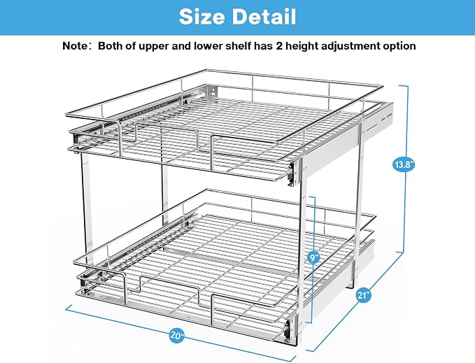 LOVMOR Individual Pull Out Cabinet Organizer, 2 Tier Cabinet Drawers Slide Out, Pots and Pans Organizer and Storage Pantry Shelf for Kitchen (20" W x 21" D)