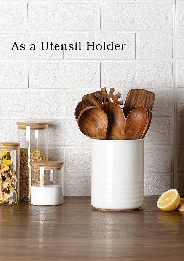 ABRUTY Utensil Holder, 6.7" Ceramic Kitchen Utensil Crock for Countertop Cooking, Modern Utensil Caddy Jar Organizer for Farmhouse Kitchen Counter Decor (White)