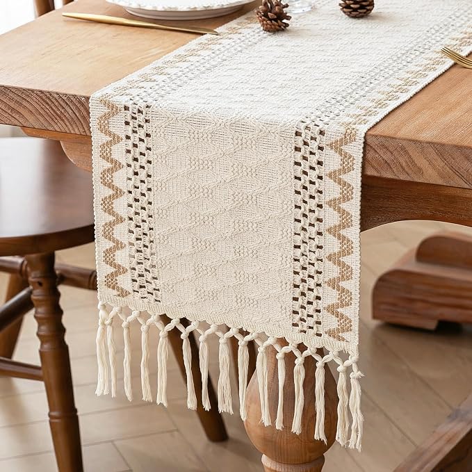 FEXIA Boho Table Runner for Home Decor with Tassels 72 Inch Farmhouse Burlap Macrame Woven Table Runner Rustic Lace Decoration for Living Room Dining Table Entryway, Cream & Brown (13x72 Inch)