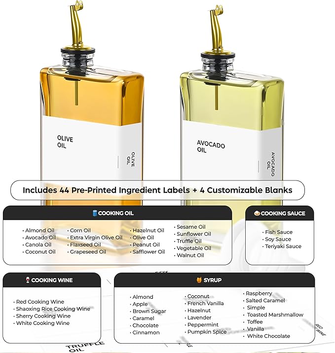Spaceneat Olive Oil Dispenser Bottle - Includes 44 Kitchen Essential Labels - Cooking Oil Bottles for Kitchen, Coffee Syrup Dispenser - Pourer Spout with 11.8 fl oz Glass Container Cruet - 2pcs, Gold