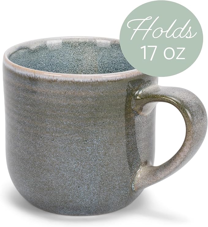 Elanze Designs Glossy Reactive Glaze Large 17 Fluid Ounce Everyday Kitchen Food Grade Ceramic Stoneware Coffee Mug Cup with Comfort Curved Handles, Set of 4, Ocean Teal Blue