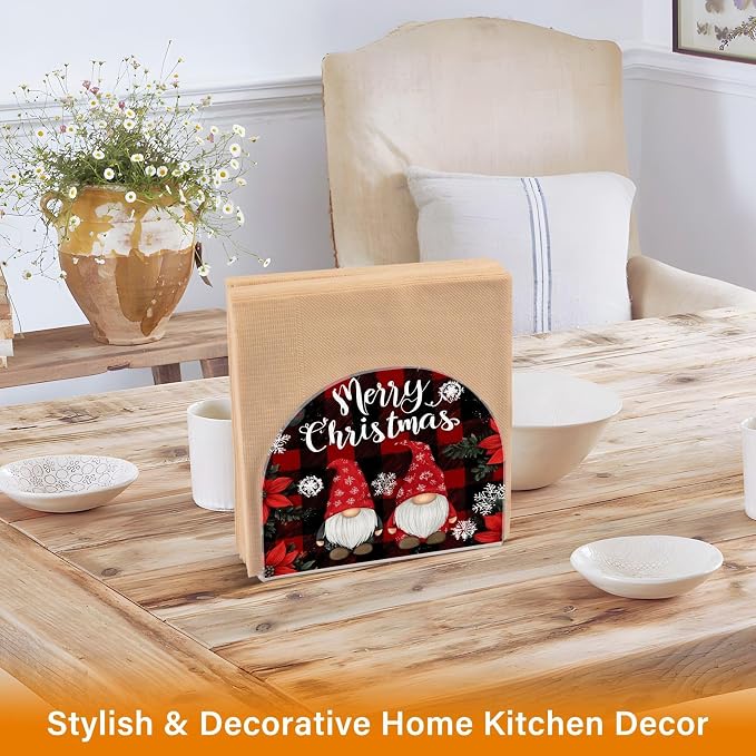 Napkin Holder Acrylic Napkin Holder for Table Kitchen Party Restaurant U Shaped Upright Napkin Dispenser Organizer Red and Black Checkered Christmas Gnomes