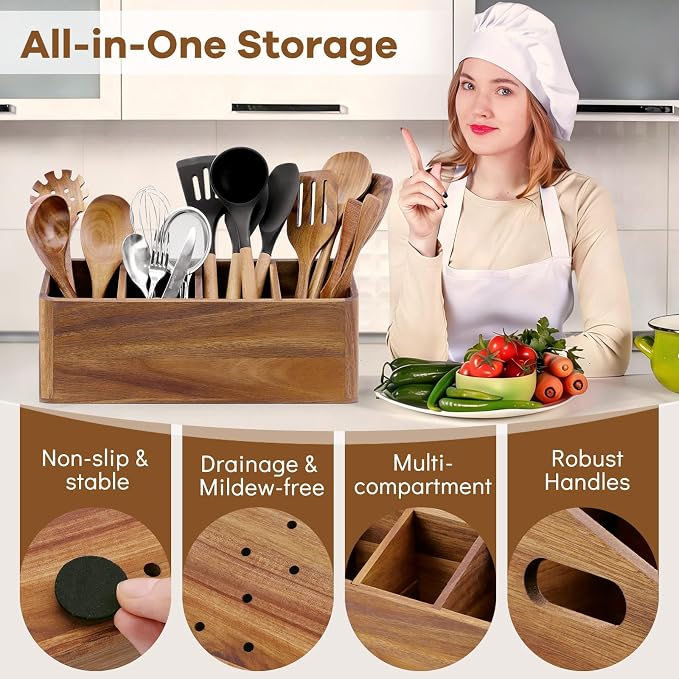Wooden Kitchen Utensil Holder Countertop, Wooden Cooking Utensil Holder | Wood Kitchen Utensil Organizer 4 Compartments, Countertop Spoon HolderDecor