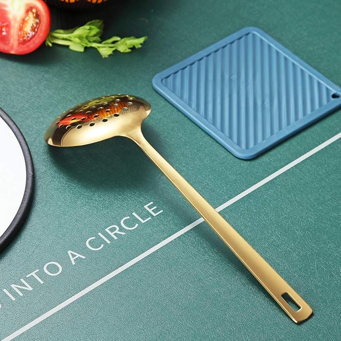 Gold Skimmer, Berglander Metal Strainer With Titanium Gold Plating, Kitchen Cooking Skimmers For Non-Stick Cookware, Dishwasher Safe, Easy to Clean