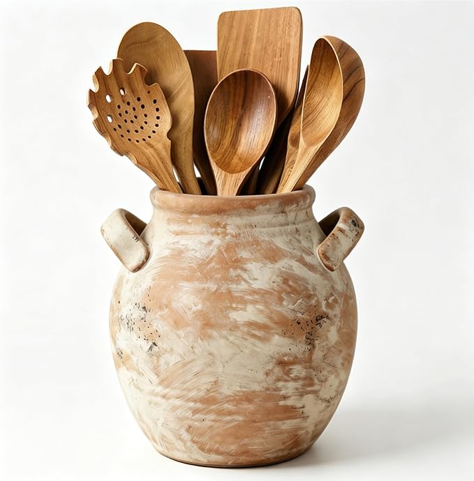 Rustic Kitchen Utensil Holder with Handle, 7" Ceramic Farmhouse Stable Utensil Crock for Countertop, Vintage Cooking Tool Organizer & Spatula Holder For Kitchen Decor (Light Embroidery Hue)