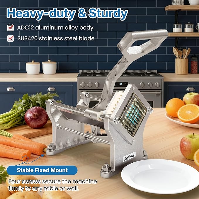 Commercial French Fry Cutter with 1/2 Inch & 3/8 Inch Blade and 6-wedge Slicer, Heavy Duty Potato Slicer, Stainless Steel Potatoes Cutter for Potatoes, Carrots, Cucumber, Onion, Yam