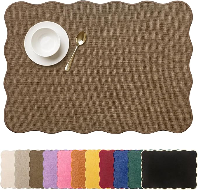 AHHFSMEI Faux Linen Placemats Set of 8 Heat Resistant Non-Slip Stain Proof Table Mats for Kitchen Dining Elegant Decor Place Mats (Brown 8)
