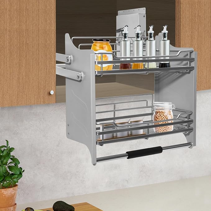 Cabinet Pull-Down Shelf, Pull-Down Dish Rack, 2-Tier Pull down Shelf Organizer for Kitchens Bars Cafes & Storage Rooms