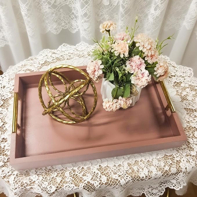 Wooden Decorative Coffee Table Tray, 16" Serving Tray with Gold Handles for Ottoman, Living Room, Perfume, Vanity Dresser Organizer (Mocha)