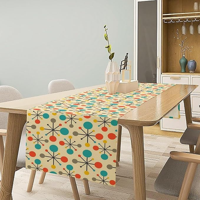 Mid Century Table Runner,70s Vintage Abstract Art Atomic Star Line Home Decor Kitchen Table Party Picnic 13x36 Inch