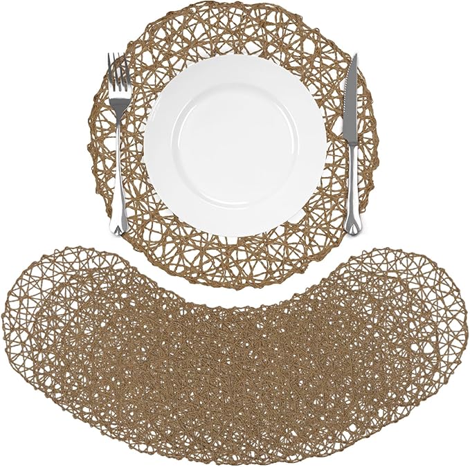 comfoyar Round Paper Braided Placemats Set of 12, 13 Inch Non-Slip Light Brown Hand Woven Place Mats, Natural Table Mats for Indoor Outdoor Kitchen Dining Party Table Decoration