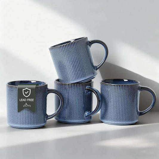 MONITO 16Oz Coffee Mugs Set of 4, Rustic Ceramic Coffee Cups Set with Large Handle, Vintage Striped Stoneware Coffee Mugs for Latte, Cocoa, Tea, Milk, Microwave & Dishwasher Safe, Deep Blue