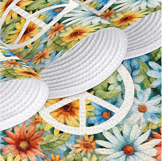 Round Placemats Set of 4, Peace Sign Daisy Sunflowers Woven Placemats Mats Non-Slip Heat Resistant Washable Table Mats Round Braided Place for Farmhouse Kitchen Dining Party Decor 15in