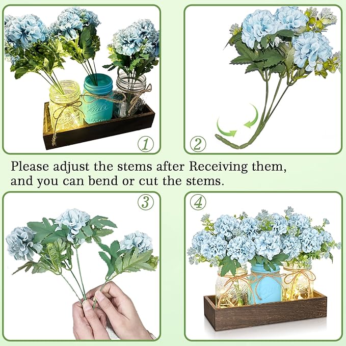 BLEUM CADE Centerpiece Table Decorations - Mason Jar Lights Centerpiece for Kitchen Dining Table Farmhouse Coffee Table Wedding Home Decor with 3 Jars Hydrangea Artificial Flowers & Wood Tray