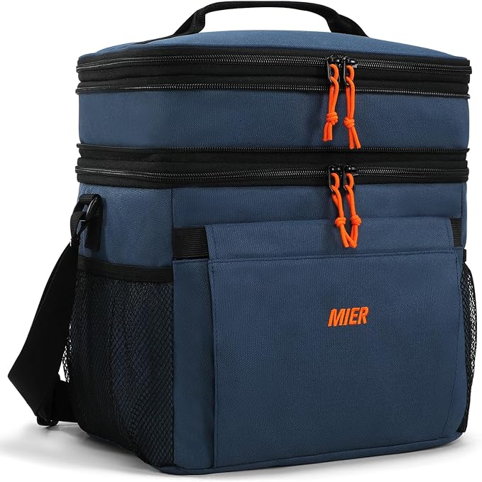 MIER Lunch Box for Men Expandable Insulated Dual Compartment Lunch Bag Leakproof Cooler Bag with Front and Back Pockets for Adult Work Travel Picnic Beach, Blue