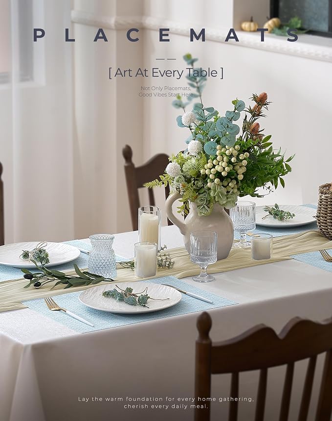 Leetaltree Soft Sky Blue Woven Placemats Set of 6 - Heat Resistant Non-Slip Place mats for Dining Table, Washable Durable PVC Vinyl Woven Table Mats(Sky Blue, 6)