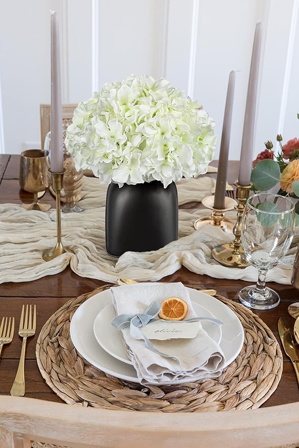 Briful White Hydrangea Artificial Flowers in Ceramic Vase, Black Vase Farmhouse Centerpieces for Tables, Dining Table Vase with Fake Flowers for Home Decor Indoor Kitchen Living Room