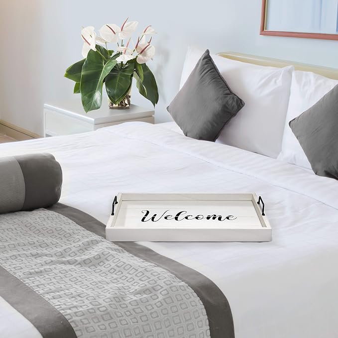 Elegant Designs HG2000-WWC Decorative Wood Serving Tray w/Handles, 15.50" x 12", Welcome (Pack of 10)