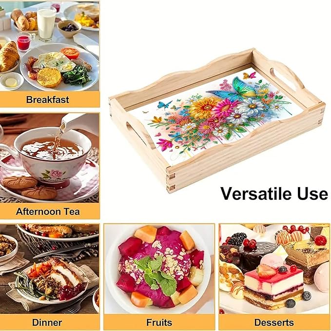 DIY Diamond Art Painting Serving Tray Creative Design Handmade Wooden Rectangular Snack Tray Dinner Plate Drill Craft for Coffee Living Room Home Organizer-Butterfly