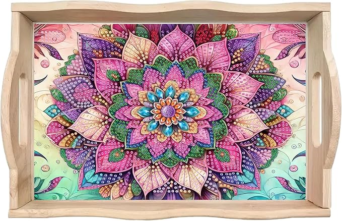 BAYUNOE DIY Diamond Serving Tray Rectangular Breakfast Tray with Handle Handmade Diamond Art Painting Wooden Tray Spring Creative Dinner Plate Coffee Room Living Home Organizer-Mandala