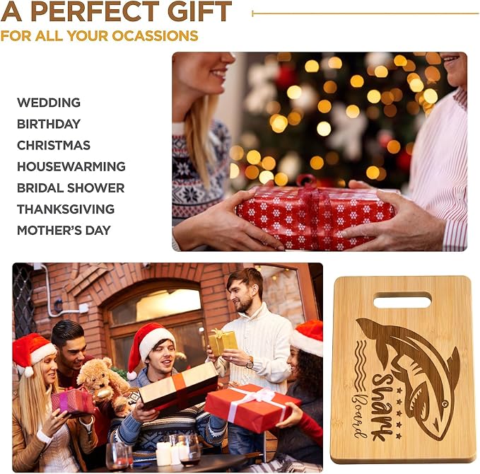 Shark Charcuterie Boards, Shark Board Funny Christmas Gifts for Man, Funny Charcuterie board, Bamboo Wooden Cutting Board, with Hanging Hole, Juice Grooves
