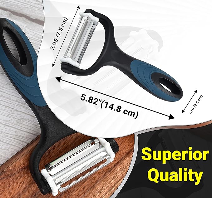 3-in-1 Vegetable Peeler & Julienne Peeler with 360° Rotating Stainless Steel Blades– Multifunction Julienne Cutter, Shredder & Slicer with Soft Handle-Fruits, Potato, Papaya Cucumber & Carrot Peeler