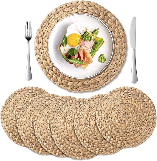 6 Pack, Round Woven Placemats, Natural Water Hyacinth Wicker Place mats, Braided Straw Table Mats, Charger Plates for Dining Table, Fall, Thanksgiving, Christmas (13.8 inch)