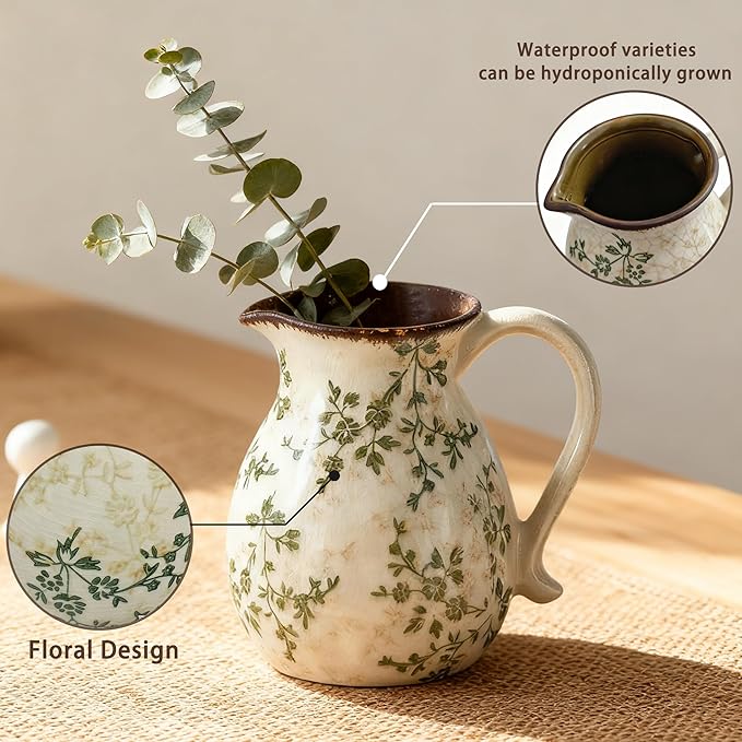 Rustic Ceramic Utensil Holder, 6.1"Modern Farmhouse Cooking Utensil Holder for Kitchen Counter with Handle, Kitchen Utensil Organizer Crock for Countertop Home Decor, Vintage Spoon Tray (green rattan)