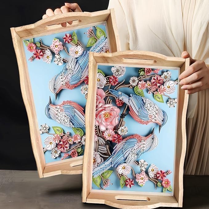 BAYUNOE DIY Diamond Serving Tray Rectangular Breakfast Tray with Handle Handmade Diamond Art Painting Wooden Tray Spring Creative Dinner Plate Coffee Room Living Home Organizer-Bird Flower