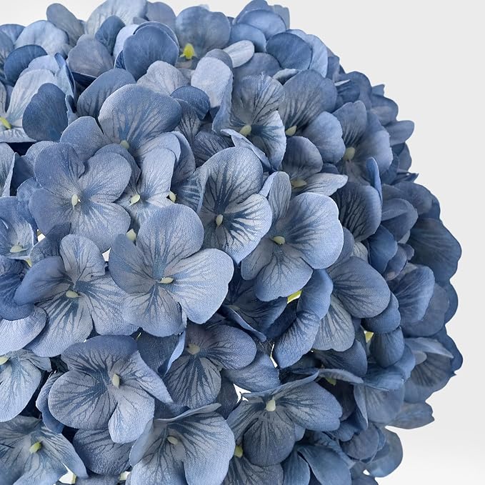JINWOE Retro Blue Silk Artificial Hydrangeas Flowers, 4PCS 21" Vintage Large Lifelike Faux Flowers, Full Fake Flowers for Outdoor Porch Bouquet Table Centerpieces Wedding Home Indoor Baby Showers