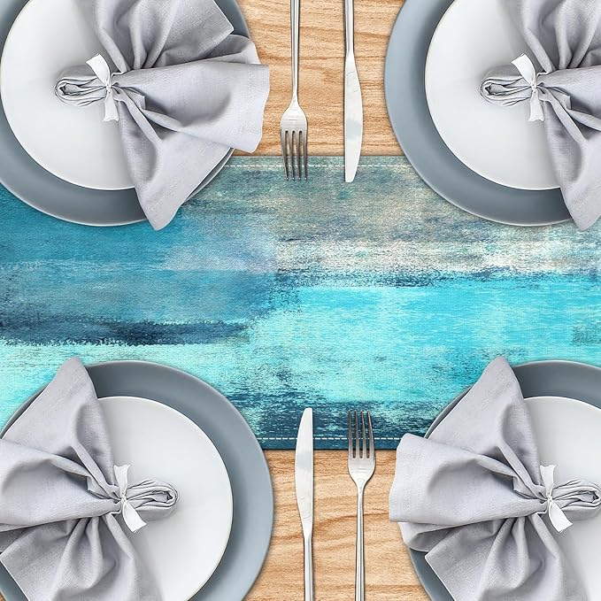 Teal Grey Table Runners Modern Art Farmhouse Linen Table Runners Dresser Scarves Retro Rustic Style for Party Kitchen Dining Table Coffee Holiday Party Decor (13"x 36", Teal Grey)