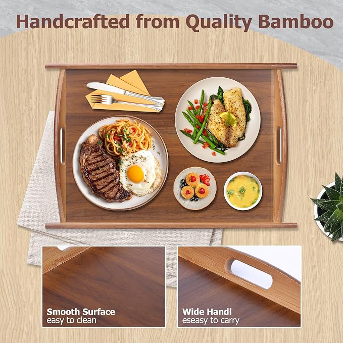 Wood Serving Tray, Wooden Tray with Handles, 20.47 inch Square Decorative Serving Trays Platters for Home, Party, Coffee Table,Dining Table & Countertop